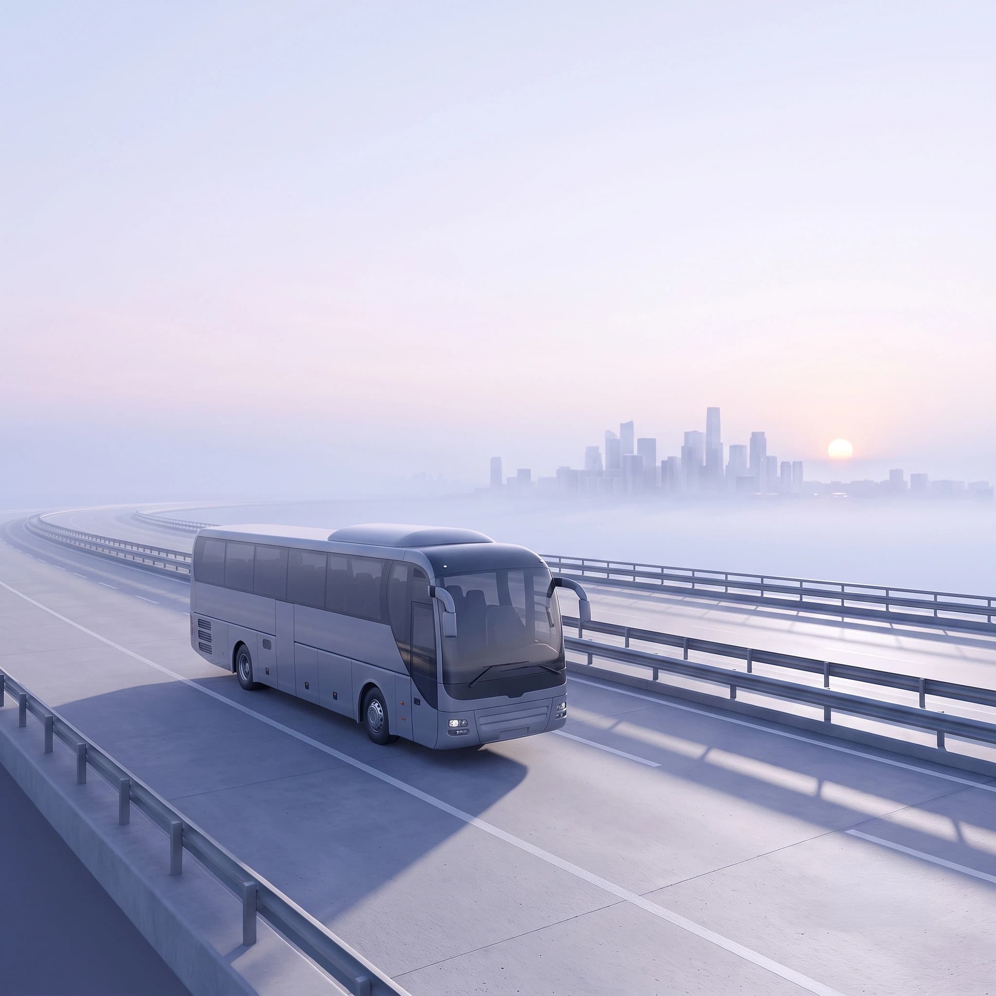 Bus on a desert highway at first light