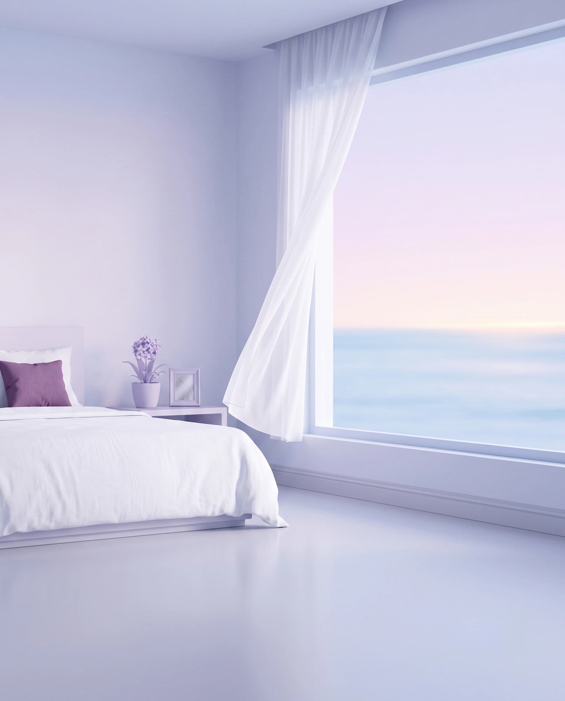 Sunlit hotel room with a sea view