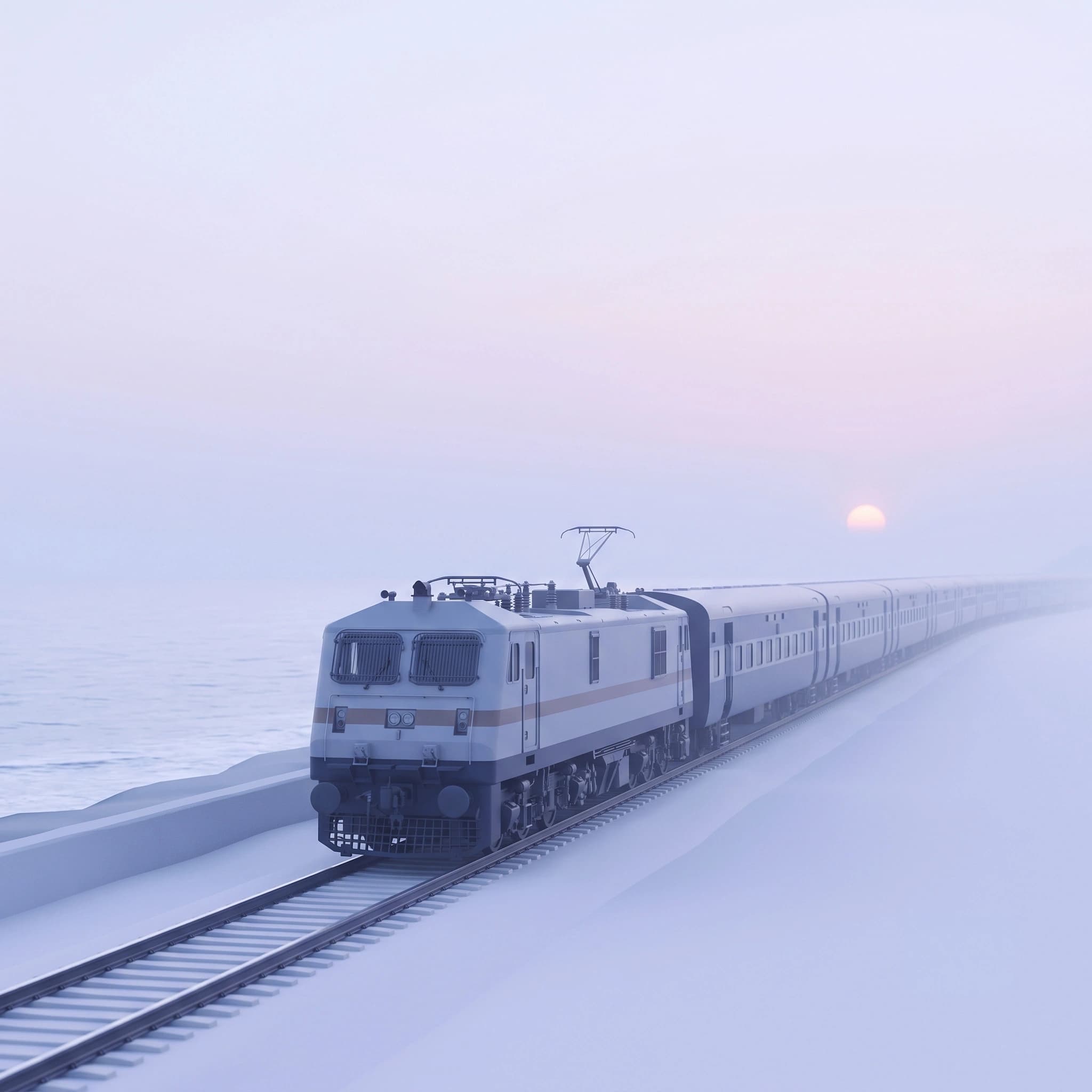 Train on a misty coastal line